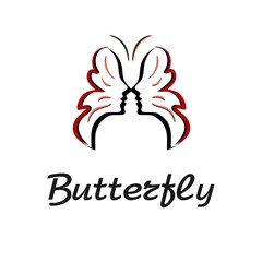 stylized logo in the form of a butterfly with portraits of people.