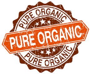 pure organic orange round grunge stamp on white