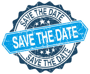 save the date blue round grunge stamp on white