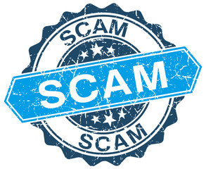 scam blue round grunge stamp on white