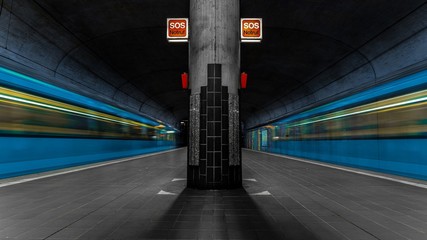 Surreal subway station with two trains arriving and departing in Frankfurt, Germany