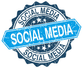 social media blue round grunge stamp on white