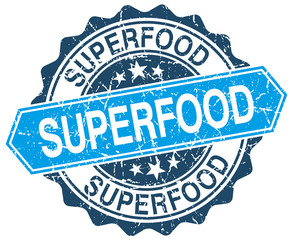 superfood blue round grunge stamp on white