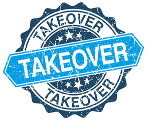 takeover blue round grunge stamp on white