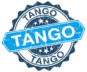 tango blue round grunge stamp on white