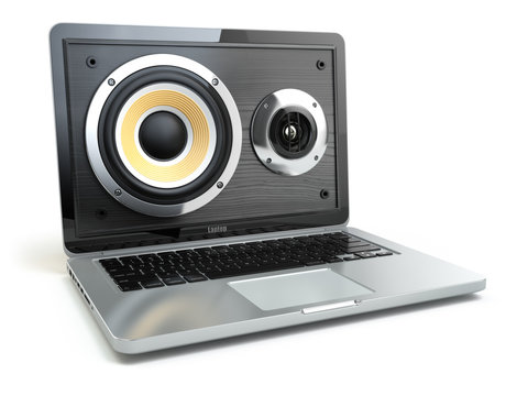 Digital Audio Or Music Software Concept. Laptop And Loudspeaker.