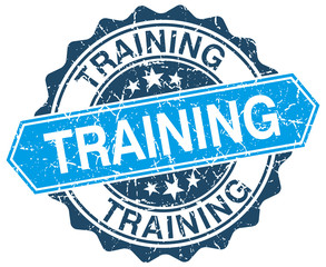 training blue round grunge stamp on white