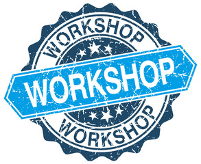 workshop blue round grunge stamp on white