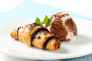 Chocolate crescent roll with ice cream