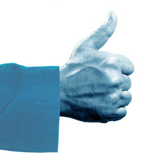 Human hand makes thumbs up in blue effect - 87372993