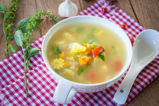 Vegetable soup in white bowl