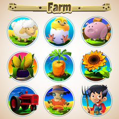 Cartoon set of animals vegetables and men