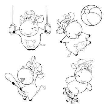 Happy cows. Clip-Art. Cartoon. Coloring book 