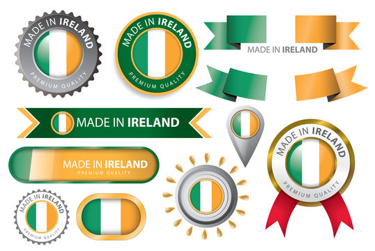 Made in Ireland Seal, Irish Flag Background (Vector Art)