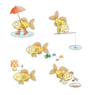 Set with five cute cartoon fishes. The family of fishes, the fish going under an umbrella, fish with a rod, fish eats a worm.
