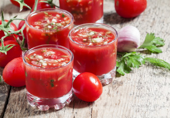 Traditional tomato soup gazpacho in a glass, selective focus
