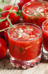 Traditional tomato soup gazpacho in a glass, selective focus