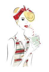Girl in Pin Up Fashion Style Holding a Cup