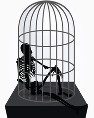 skeleton silhouette in sitting in cage