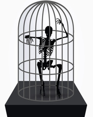 skeleton silhouette in sitting in cage