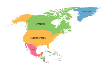 colorful map of North America with names of all countries