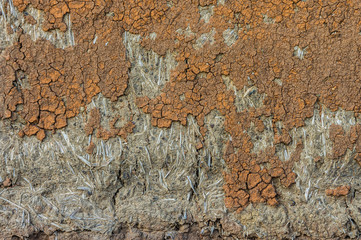 Cracked wall of cob house for background and texture