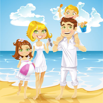 Family with children on sunny ocean beach