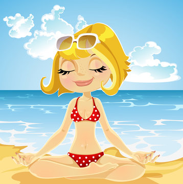 Blonde in bathing suit practices yoga