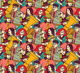 Musicians crowd seamless pattern color