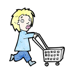 cartoon woman pushing shopping trolley