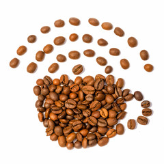 Coffee cup and wi-fi symbol made from beans, grain. Isolated on white background.