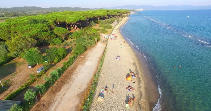 Italan beach in Tuscany. Aerial view of Tuscan Coast in summer