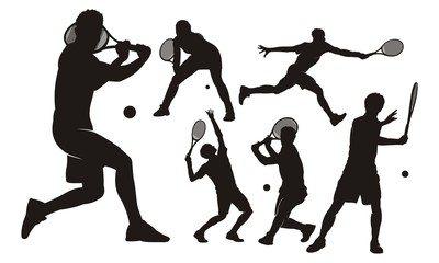 Man tennis players vector silhouette isolated on white background. Big set of sport tennis silhouette isolated. Editable different recreation silhouettes.