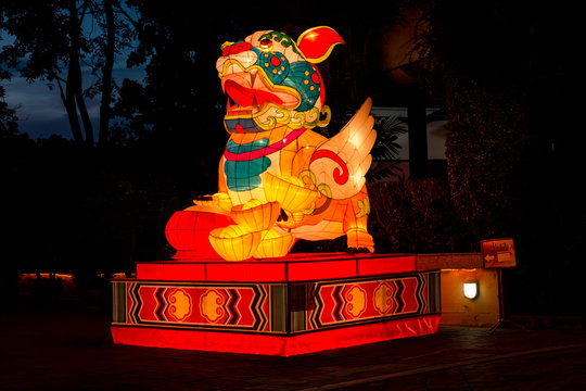 The colorful Pixiu lantern in night time.