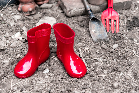 gardening tool including by red boots vase , fork , shovel and barrow , vintage color tone effect - Powered by Adobe