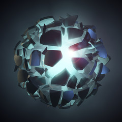 Shattered dark stone in empty space revealing blue light