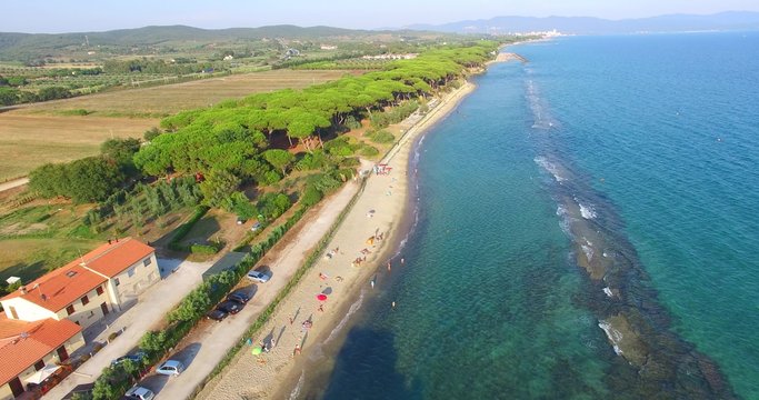 Italan beach in Tuscany. Aerial view of Tuscan Coast in summer