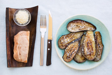 Fried aubergines (eggplant) on plate