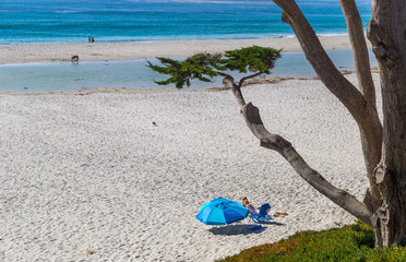 Fototapeta na wymiar People sunbathing at beach in Carmel-by-the-Sea, California