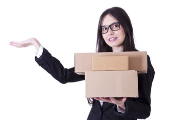 businesswoman with cardboard packages