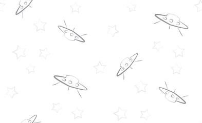 Vector seamless background of UFO and stars. The pattern of the UFO and stars on a white background.