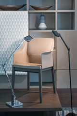 Leather chair and floor lamps in interior