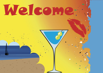 Welcome banner with drink and red lips