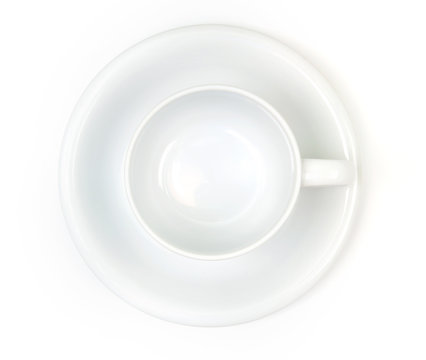 Top view of white tea or coffee cup on white background