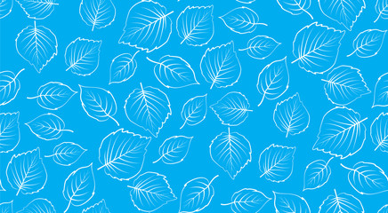 Vector seamless pattern of colored leaves on a blue background. Chaotic pattern of leaves.