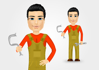 young plumber holding a water pipe