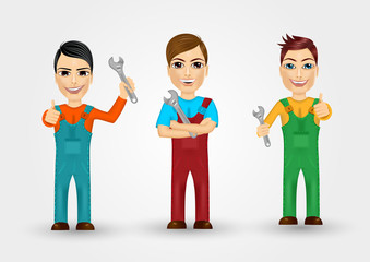 set of friendly young plumbers