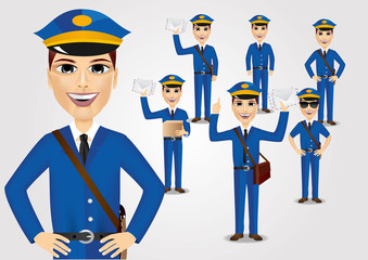 set of friendly young postmen with bag