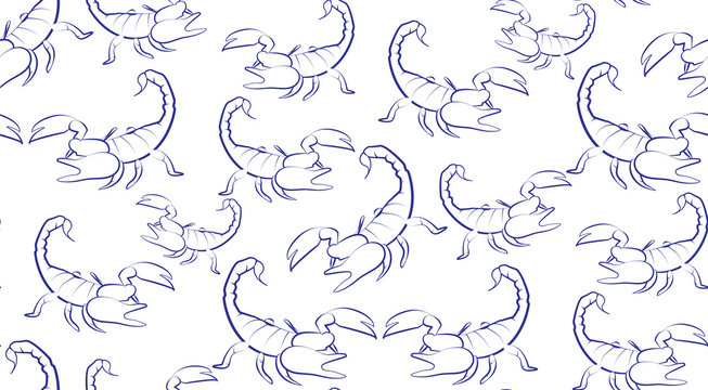 Vector seamless background of contours Scorpions on a white background. Pattern of randomly distributed Scorpions.