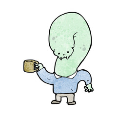 cartoon mutant monster with cup of coffee